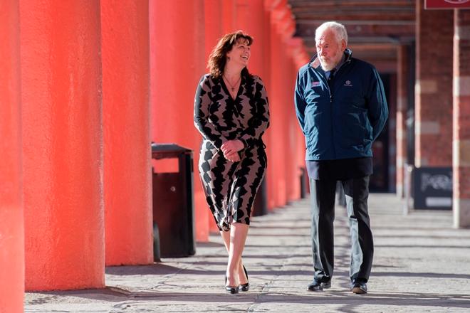 LCC Deputy Mayor, Cllr Ann O’Byrne and Clipper Race Chairman Sir Robin Knox-Johnston in Albert Dock, Liverpool © Clipper Ventures