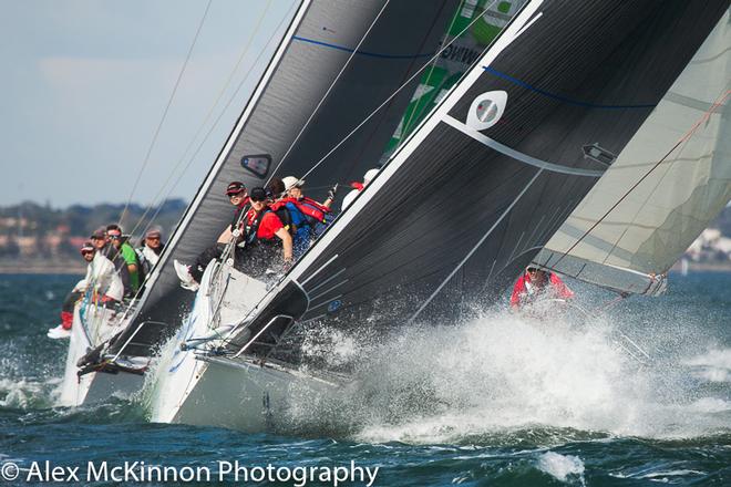 Now were talking racing! Peter Davison from RMYS skippering Arcadia leading Phil Bedlington skippering BKT JAMHU going in to the top mark - Club Marine Series ©  Alex McKinnon Photography http://www.alexmckinnonphotography.com