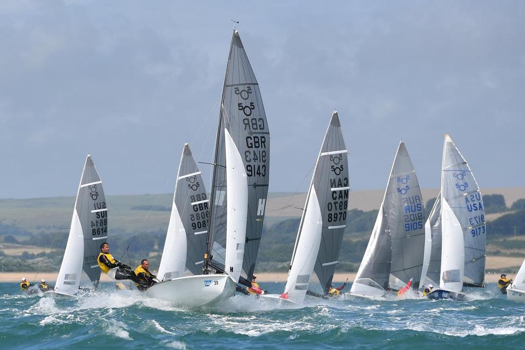 The United Kingdom team of Richard Lovering and Matt Alvarado lead the fleet off the line at the 2016 worlds in Weymouth. - SAP 505 World Championship © Christophe Favreau http://christophefavreau.photoshelter.com/