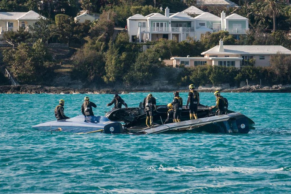 Artemis Racing with their broken AC45T in Bermuda - April 5, 2017 Image: Chris Burville © The Royal Gazette http://www.royalgazette.com