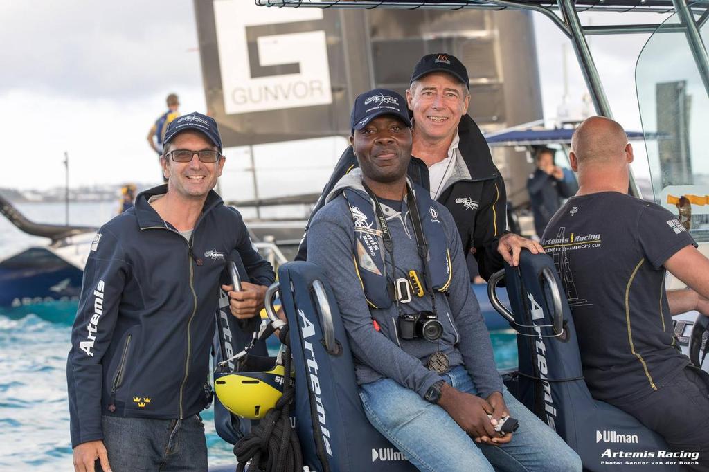 MyisalndhomeBDA&rsquo;s Jason Smith (second from left) aboard Artemis Racing&rsquo;s chase boat - Practice Session 4, Day 4 photo copyright Artemis Racing http://www.artemisracing.com taken at  and featuring the  class