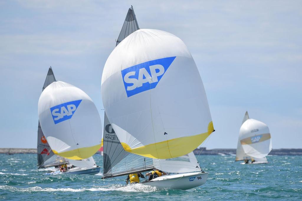 Andy Smith and Tim Needham of Great Britain lead the United States tandem of Mike Holt and Carl Smit while blasting downwind off Weymouth. - SAP 505 World Championship © Christophe Favreau http://christophefavreau.photoshelter.com/