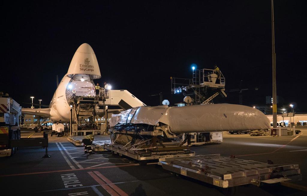 Emirates Team New Zealand load their America's Cup Class race boat into an Emirates Sky Cargo 747 at Auckland International Airport to fly to Bermuda for the 35th America's Cup © Hamish Hooper/Emirates Team NZ http://www.etnzblog.com