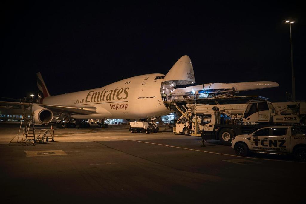 Emirates Team New Zealand load their America's Cup Class race boat into an Emirates Sky Cargo 747 at Auckland International Airport to fly to Bermuda for the 35th America's Cup © Hamish Hooper/Emirates Team NZ http://www.etnzblog.com