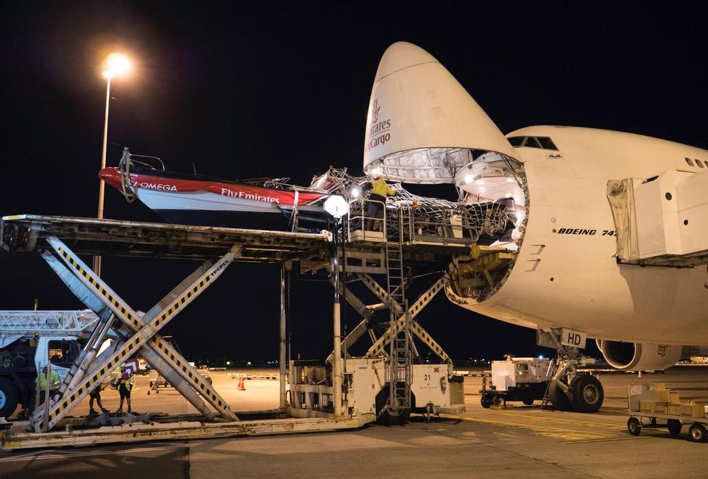 Emirates Team New Zealand load their America's Cup Class race boat into an Emirates Sky Cargo 747 at Auckland International Airport to fly to Bermuda for the 35th America's Cup © Hamish Hooper/Emirates Team NZ http://www.etnzblog.com