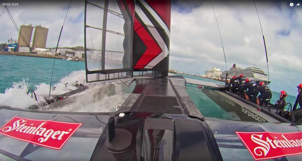 Emirates Team New Zealand emerges from a nosedive leaving harbour in Bermuda - April 26, 2017 © Emirates Team New Zealand http://www.etnzblog.com