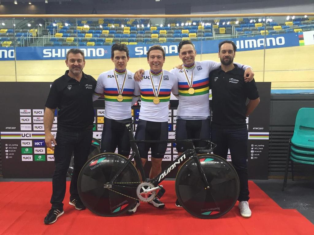 Southern Spars<br />
New Zealand’s Men’s Team Sprint ride to their third World Championship, helped by Southern Spars wheels!  © Southern Spars