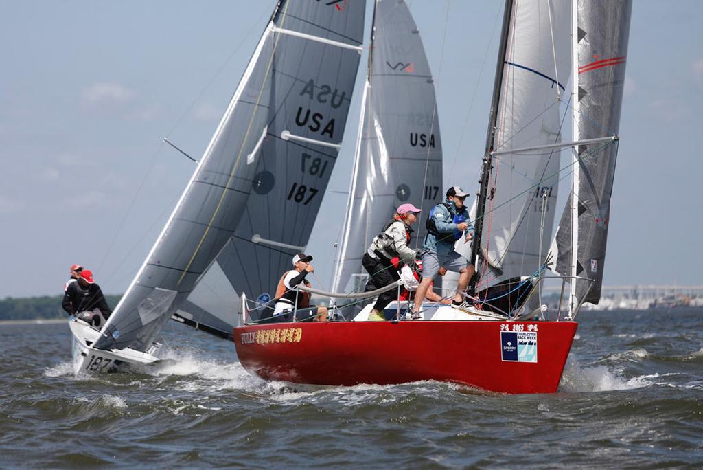 It’s a constant traffic jam on the action-packed Course 1 in front of the Charleston Battery as a B-25 rounds the mark ahead of a VX-One during Day 2 of Sperry Charleston Race Week 2017. © Tim Wilkes / Charleston Race Week