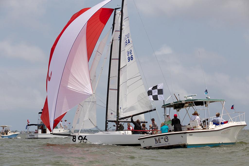 Every race in the J/70 Class featured finishes that were nearly too close to call, as demonstrated by this shot of a finish in Race 9 on the final day of Sperry Charleston Race Week 2017. © Meredith Block/ Charleston Race Week http://www.charlestonraceweek.com/