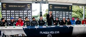 Impressive line up of 11 skippers from eight countries and four continents. From left to right: Jerome Clerc (Realteam), Mackenzie Cooper (Team BDA), Federico Fanioli (Codigo ROjo Sailing Team), Robin Folin (Team France Jeune), Ibuki Koizumi (standing in for Naofumi Kamei on Mamma Aiuto!), Flavio Marazzi (ARMIN STROM Sailing Team), Pierre Casiraghi (Malizia - Yacht Club de Monaco), Jason Carroll (Team ARGO), Iker Martinez (I'M Racing Movistar), Sebastien Rogues (Team ENGIE), Sebastien Schneiter photo copyright Jesus Renedo / GC32 Racing Tour taken at  and featuring the  class