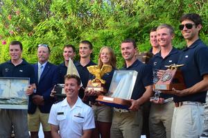 'Swift' the US Naval Academy 44 (NA11) took home a treasure trove of prizes from the 2015 Marion Bermuda Race. They were 1st in Class B, won the Offshore Youth Challenge Trophy, the Bartram Trophy (for Academy, Maritime College boat), Naval Academy Trophy (for top Chesapeake Bay boat). The Kingman Yacht Center Marion Bermuda Team Trophy (for a team of Three Yachts). The other two Navy 44's 'Defiance' and 'Integrity' were 2nd and 3rd in Class B and shared the team trophy. photo copyright Talbot Wilson taken at  and featuring the  class