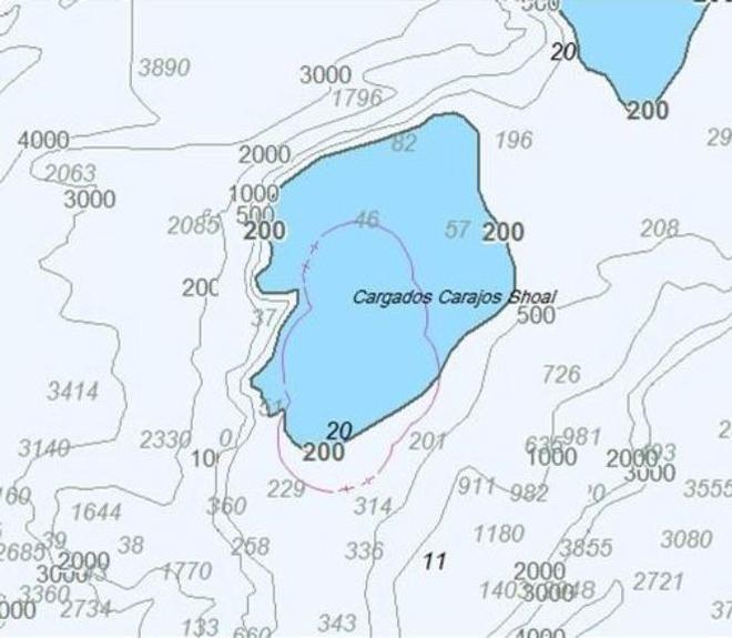 Unofficial electronic chart with reef, islands and obstructions missing. Incorrect depth areas and contours result in an incorrect and unreliable safety depth contour (defaulting to 200m instead of the missing 30m contour incorrectly suggests all lesser depths are highlighted). Note that the 11m obstruction is one of several not highlighted, the 15m obstruction is missing and a false 10m shoal appears to have been added. © Australian Maritime Safety Authority http://www.amsa.gov.au