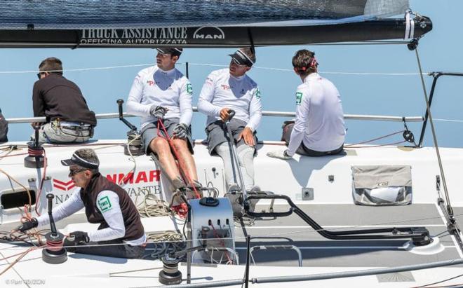 Luca Pierdomenico at the helm with brothers Francesco (Main Trim) and Armando (Jib/Spinnaker Trim)- Rolex Capri Sailing Week ©  Farr 40 / ZGN