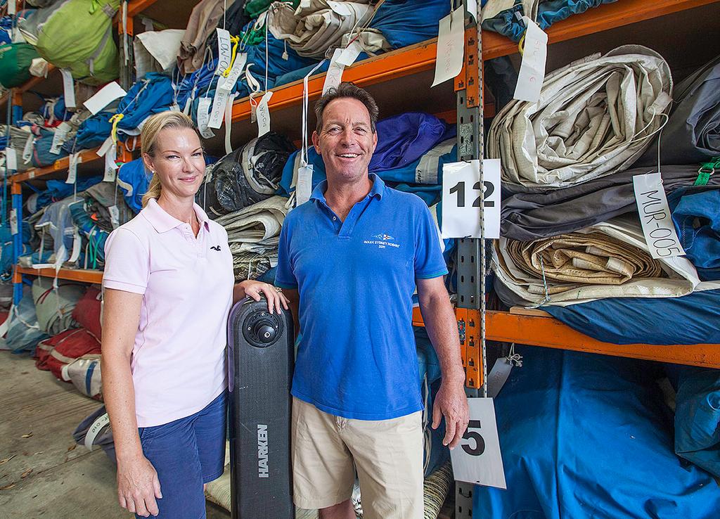 Bettina and Carl Crafoord with a pedestal and just some of the sails for sale right now. ©  John Curnow