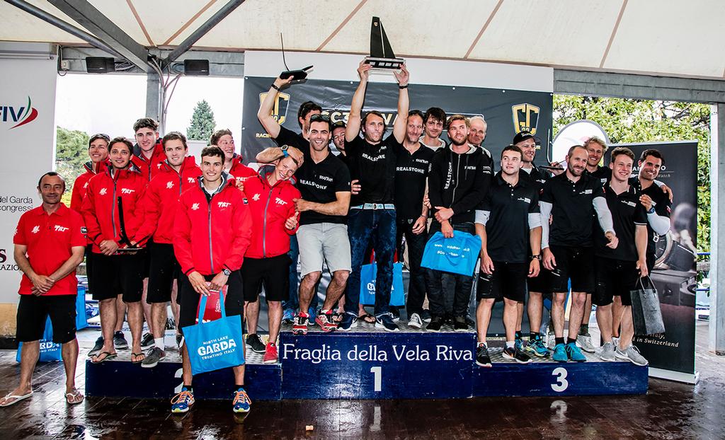 An all-Swiss podium: Team Tilt second (left), Realteam winner (centre) and ARMIN STROM Sailing Team third (right) - GC32 Riva Cup © Jesus Renedo / GC32 Racing Tour