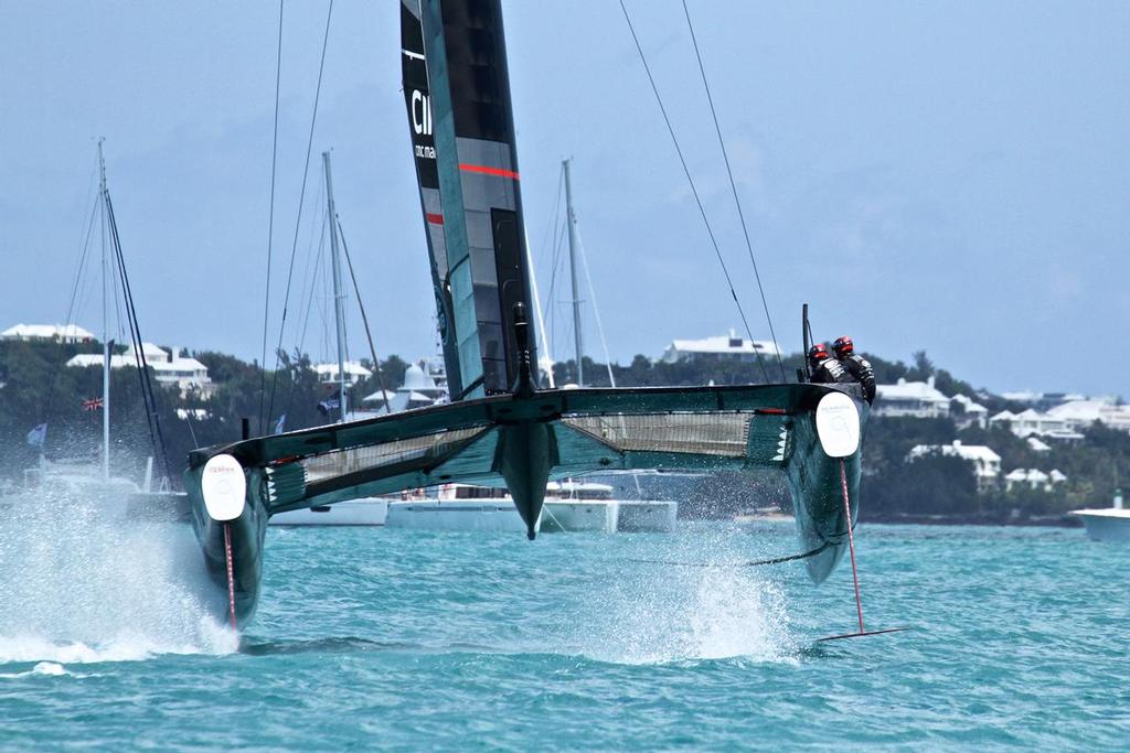 Race 8 - Land Rover BAR’s windward rudder clears the water and reduced the downward force of the foil by 600-700kgs, precipitating a massive nosedive  - 35th America’s Cup - Bermuda  May 27, 2017 © Richard Gladwell www.photosport.co.nz