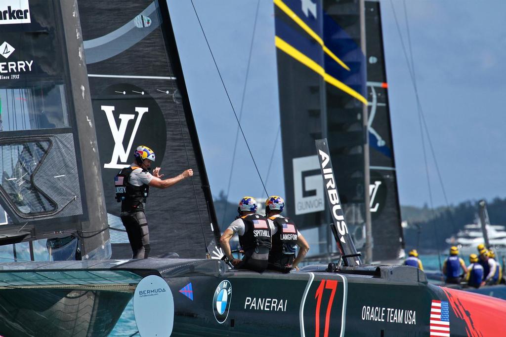 Race 10 - Oracle Team USA's afterguard talk after losing their first race to Artemis Racing   - 35th America's Cup - Bermuda  May 28, 2017 &copy; Richard Gladwell www.photosport.co.nz