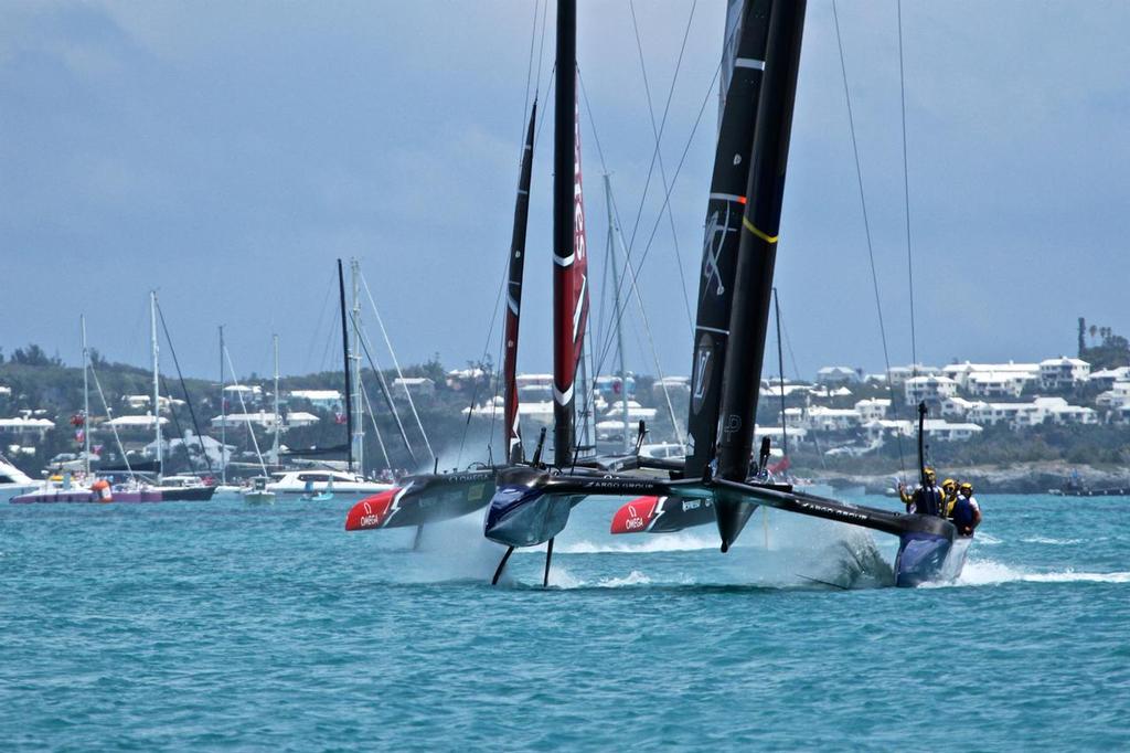 Artemis racing wait for Emirates Team New Zealand at the finish of Race 14 - Round Robin 1 - America's Cup 2017, May 29, 2017 Great Sound Bermuda © Richard Gladwell www.photosport.co.nz