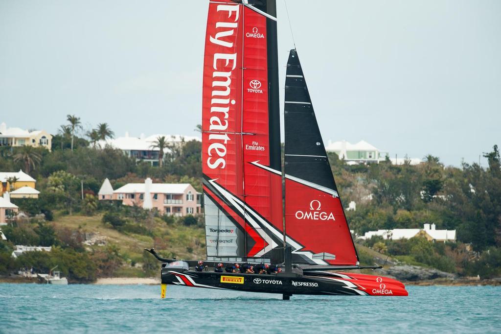 Emirates Team New Zealand practicing on the Great Sound, Bermuda ahead ...