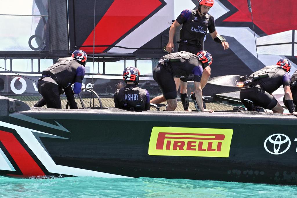 Emirates Team New Zealand's cyclors jump into their seats after the finish - Round Robin 2, Day 4 - 35th America's Cup - Bermuda  May 30, 2017 © Richard Gladwell www.photosport.co.nz