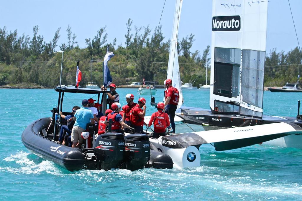 Groupama Team France prepare to race - the Measurement representative is in the aqua blue shirt - Round Robin 2, Day 4 - 35th America's Cup - Bermuda  May 30, 2017 © Richard Gladwell www.photosport.co.nz