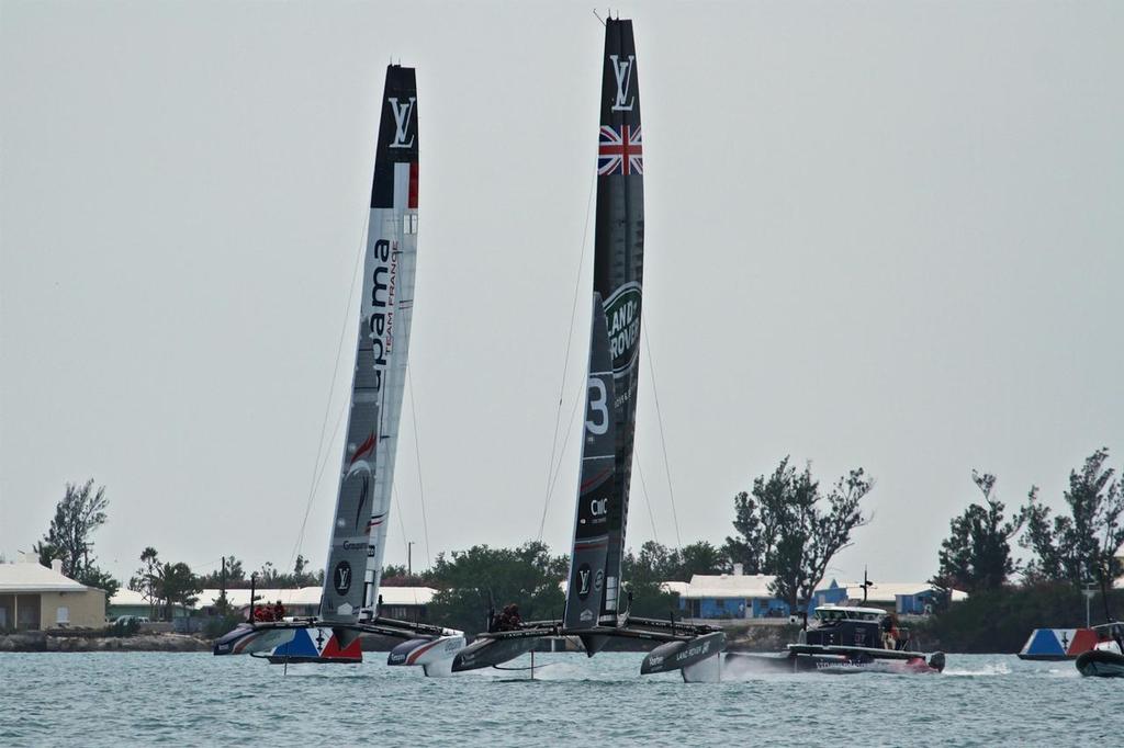 Land Rover BAR and Goupama Team France at the start of their Match - Round Robin 2, Day 6 - 35th America’s Cup - Bermuda  June 1, 2017 © Richard Gladwell www.photosport.co.nz