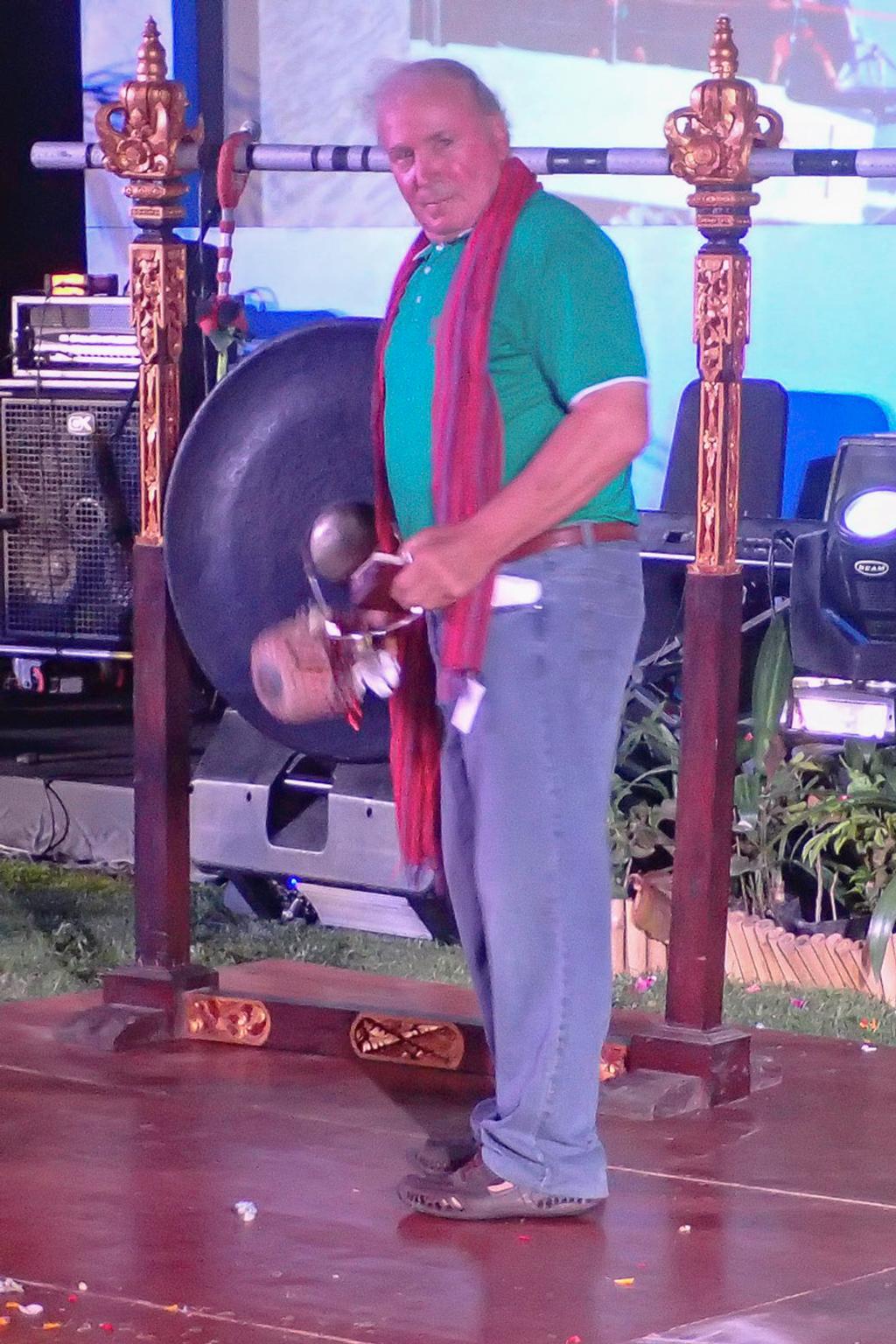 Skipper Garth Curran rings the bell - Bali style. - Fremantle to Bali Ocean Classic © Reimi Newman