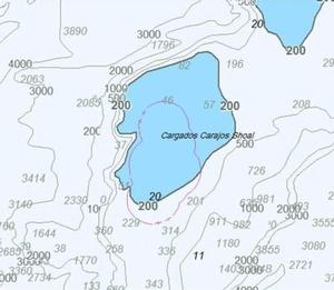 Unofficial electronic chart with reef, islands and obstructions missing. Incorrect depth areas and contours result in an incorrect and unreliable safety depth contour (defaulting to 200m instead of the missing 30m contour incorrectly suggests all lesser depths are highlighted). Note that the 11m obstruction is one of several not highlighted, the 15m obstruction is missing and a false 10m shoal appears to have been added. photo copyright Australian Maritime Safety Authority http://www.amsa.gov.au taken at  and featuring the  class