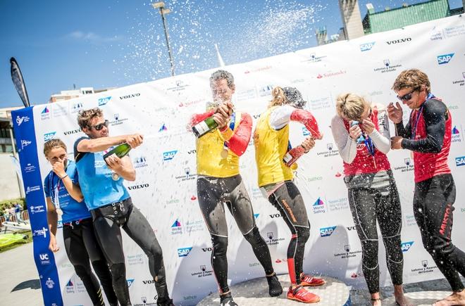 Nacra podium with silver medallists John Gimson-Anna Burnet and bronze winners Ben Saxton-Katie Dabson - Sailing World Cup Final ©  Tomas Moya / Sailing Energy / World Sailing