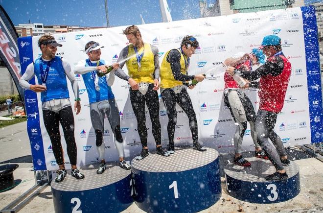 49er podium with winners James Peters-Fynn Sterritt and bronze medallist Dylan Fletcher-Stuart Bithell - Sailing World Cup Final © Sailing Energy / World Sailing