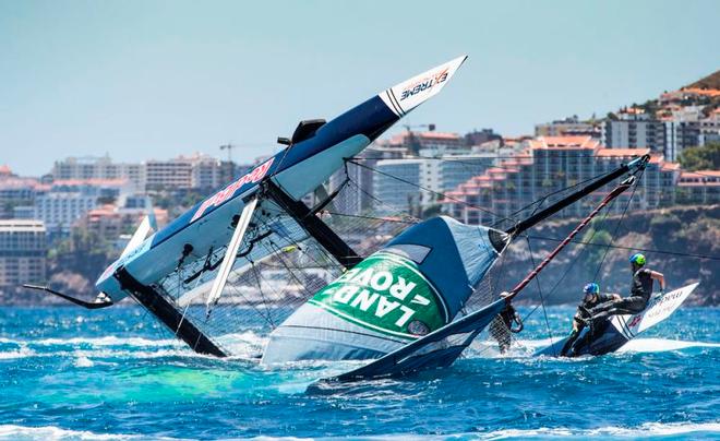 Before the start of racing on the third day of the Extreme Sailing Series™ Act 3 in Madeira Islands at 13:35 UTC+1, Red Bull Sailing Team capsized. © Lloyd Images http://lloydimagesgallery.photoshelter.com/