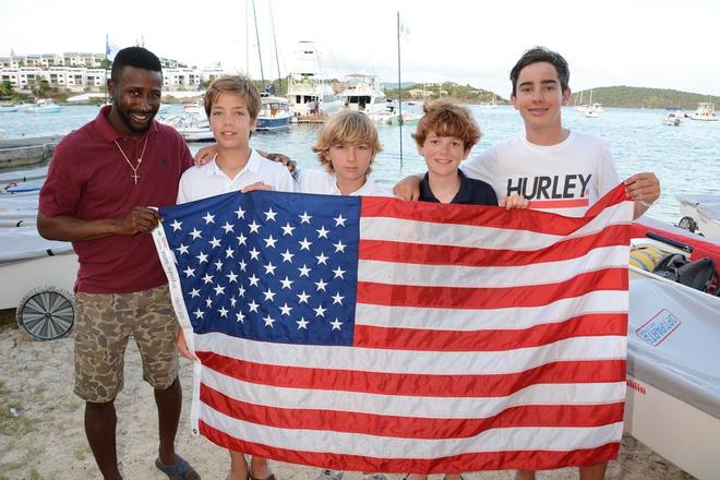 Team Spectra from the USA won the 2016 Team Race. Omari Scott (far left) will be back as coach, and Stephan Baker (third from left) and Liam O’Keefe (fourth from left) will be back in 2017 to sail. Credit: Dean Barnes  © Dean Barnes