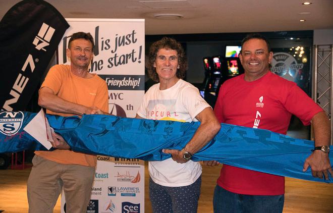 LtoR: Michael Coxon of North Sails, Simon Ellis of Mojo who won the North Sails jib, and the Mooloolaba Yacht Cubs' Event Organiser, Trevor Martin. - 2017 Line 7 Etchells Australasian Championship ©  Alex McKinnon Photography http://www.alexmckinnonphotography.com