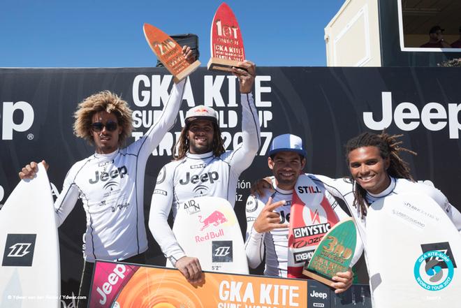 Day 5 – The final main event podium, where Paulino Pereira was also announced as 3rd place winner ahead of Jan Marcos Riveras from the mini-final yesterday – GKA Kite-Surf World Tour Tarifa ©  Ydwer van der Heide