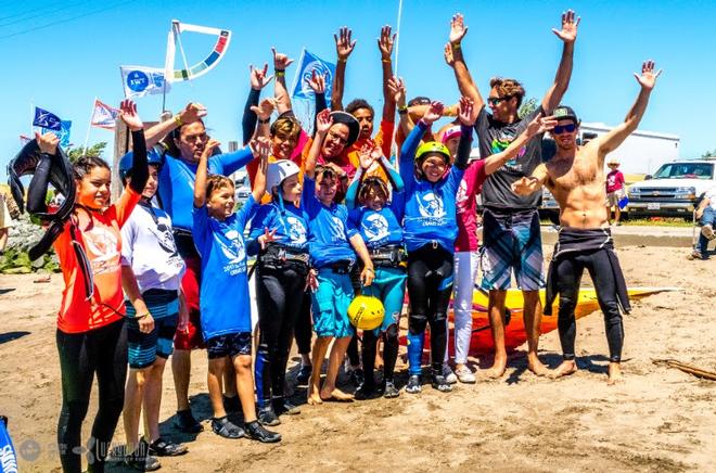 The Super Grom Slalom Racers with some help from Brian Metcalfe-Perez, Wyatt Miller, Jason Voss, Alex Martens and Darren Rogers. - Day 2 - Rio Vista Grand Slam 2017 © International Windsurfing Tour