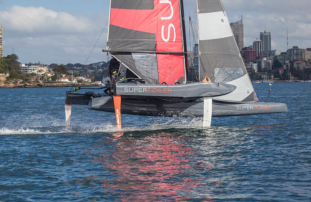 Bow down, but you can see how the rocker is designed to drive the boat back up onto its foils! - SuperFoiler Grand Prix ©  John Curnow