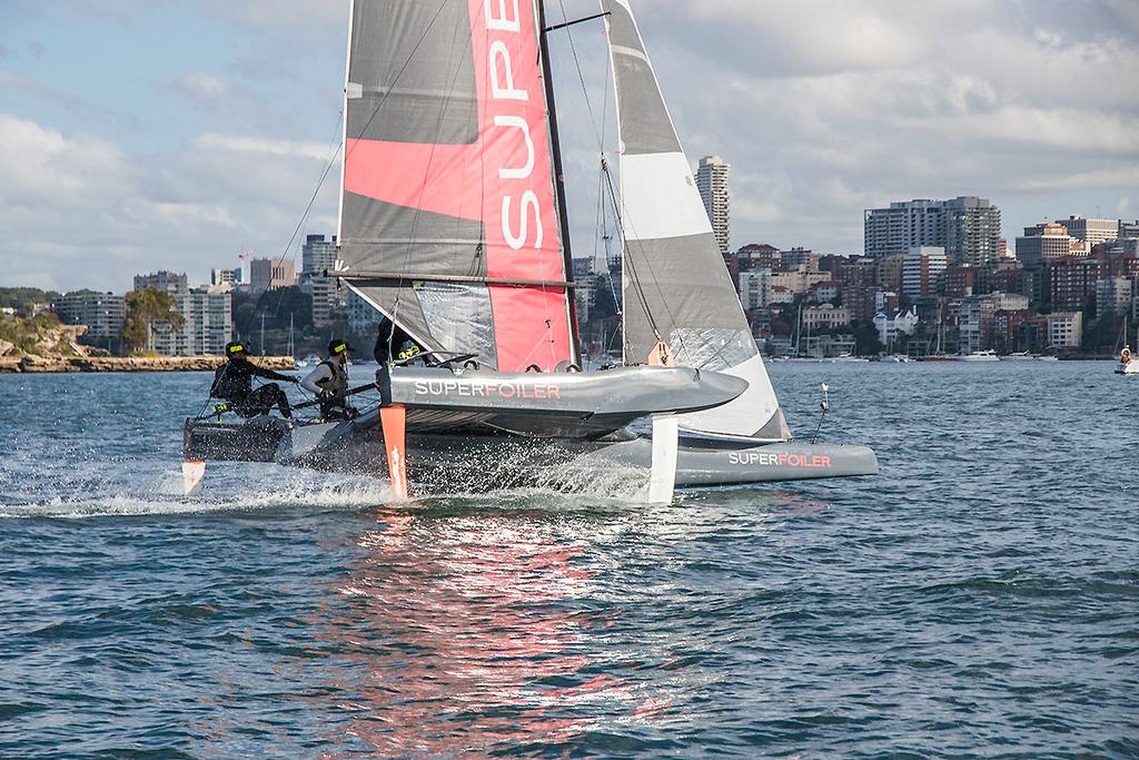 Huge volume just aft of the logo on the main hull and heaps of rocker to ensure the boat goes up and not down the mine. - SuperFoiler Grand Prix photo copyright  John Curnow taken at  and featuring the  class