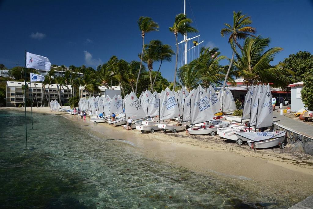 Opti’s line up on the beach at the St. Thomas Yacht Club. Credit: Dean Barnes © Dean Barnes