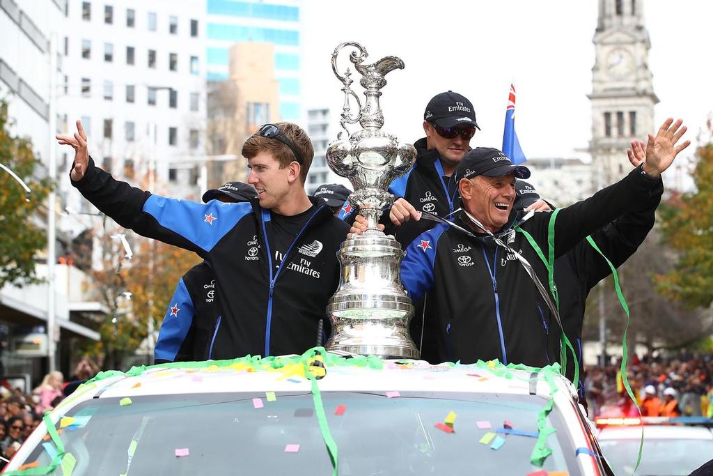  Peter Burling (L) and Grant Dalton (R) of Emirates Team New Zealand during the Team New Zealand Americas Cup Welcome Home Parade on July 6, 2017 in Auckland, New Zealand.  (Photo by Hannah Peters/Getty Images) © Getty Images