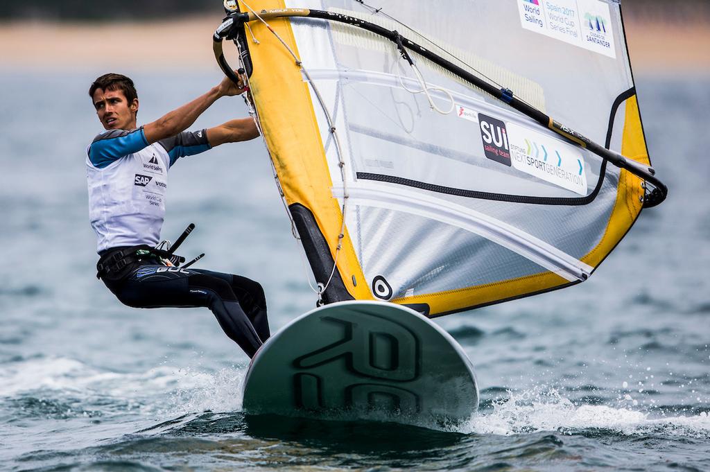 Mateo Sanz of Switzerland in the RSX Men - 2017 World Cup Series Final - Santander photo copyright Pedro Martinez / Sailing Energy / World Sailing taken at  and featuring the  class
