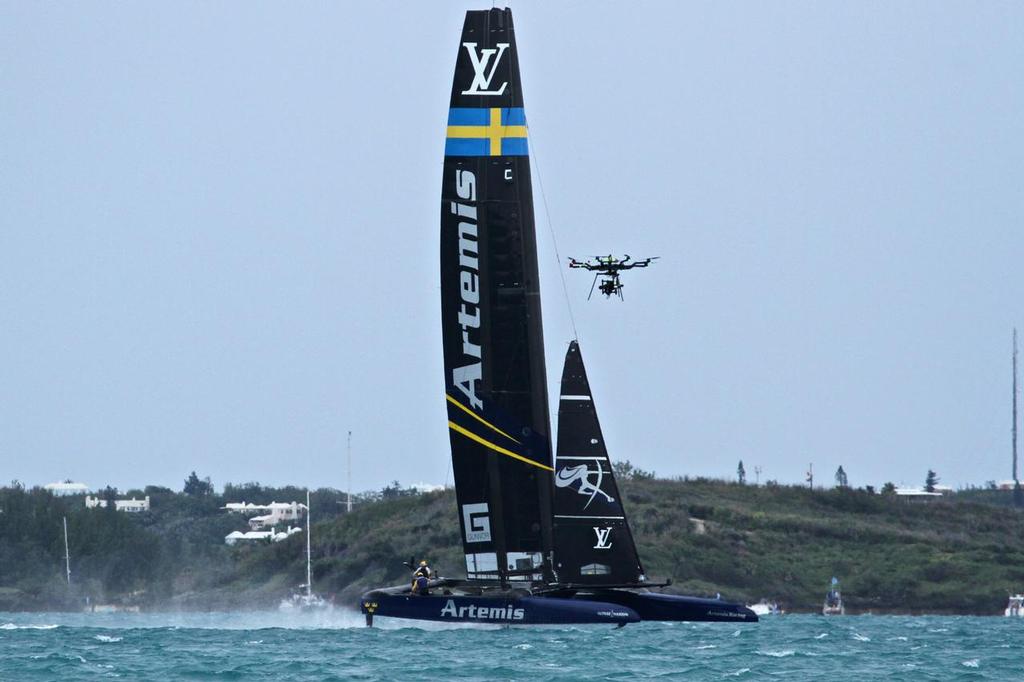 Artemis Racing and a TV drone, Leg 3 , Race  4 - Challenger Finals, Day 15  - 35th America's Cup - Bermuda  June 11, 2017 © Richard Gladwell www.photosport.co.nz