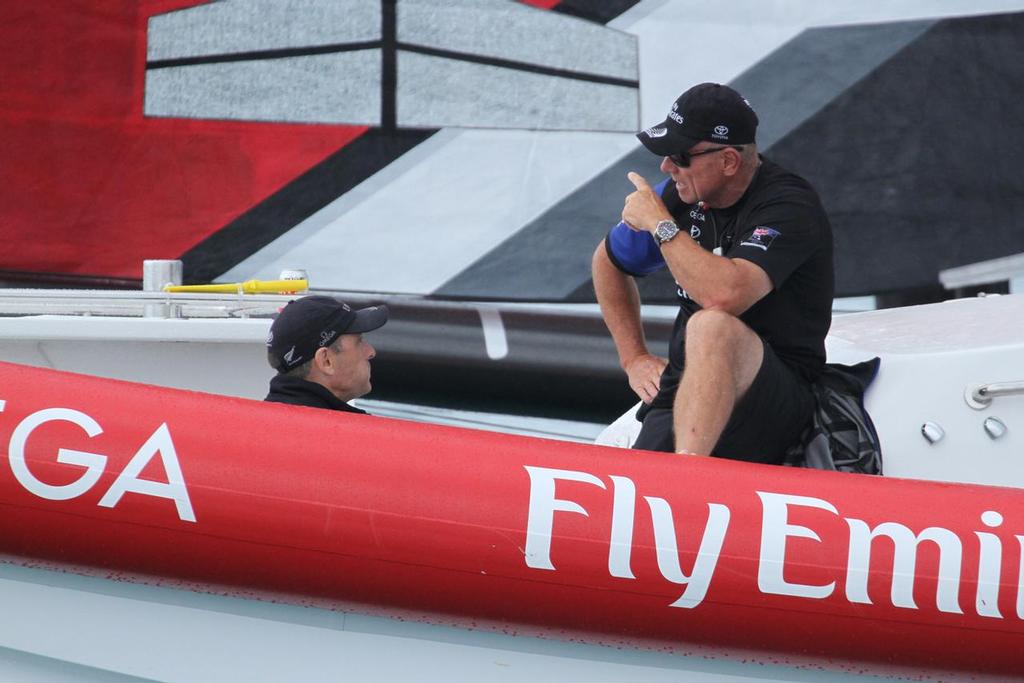 Emirates Team New Zealand CEO, Grant Dalton makes a point to  COO Kevin Shoebridge, between races - Challenger Final, Day  3 - 35th America&rsquo;s Cup. photo copyright Richard Gladwell www.photosport.co.nz taken at  and featuring the  class