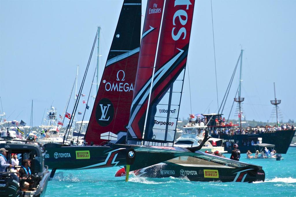Emirates Team New Zealand crosses the finish line in Race 3 - 35th America's Cup Match - Race 3 - Bermuda  June 18, 2017 photo copyright Richard Gladwell www.photosport.co.nz taken at  and featuring the  class