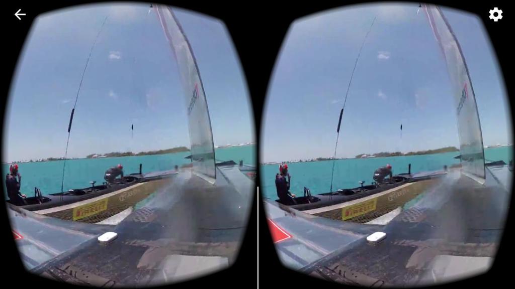 Low resolution screen shot from the Samsung Gear headset showing ETNZ helmsman and a cyclor in action using 360VR © ARL Media http://www.arl.co.nz/