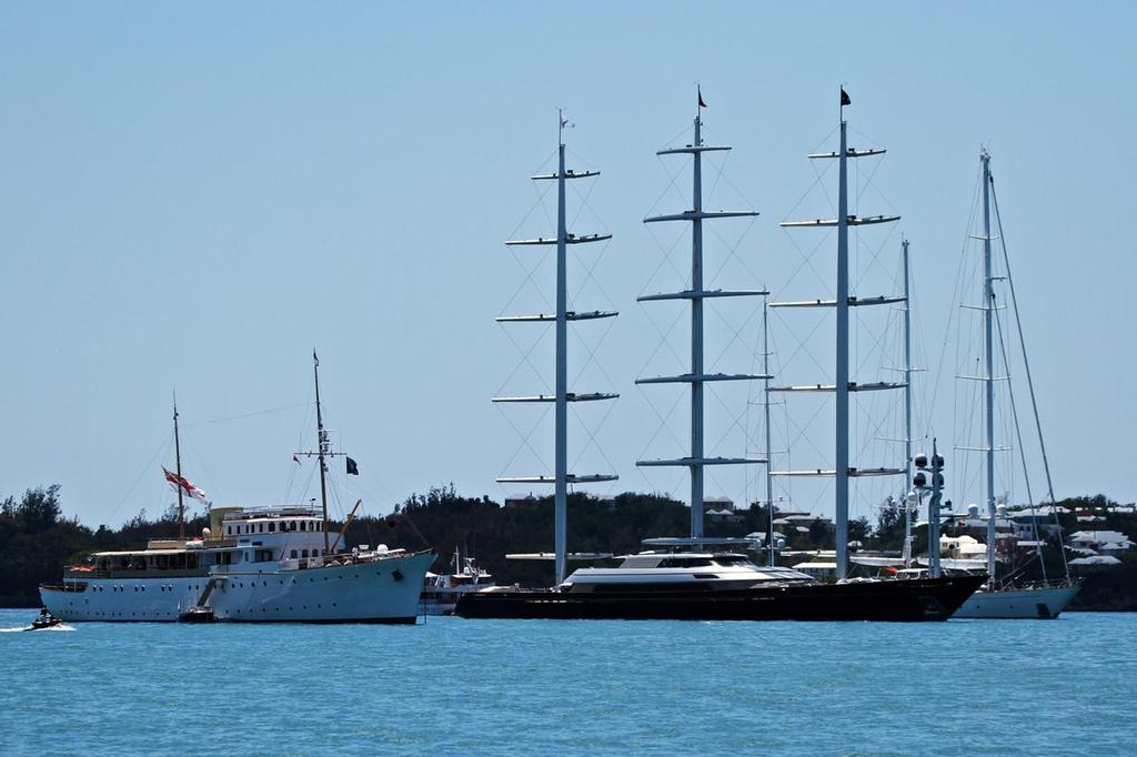 Three superyachts - a contrast in styles - caught on a calm day at the start of the Semi-Finals  - 35th America’s Cup - Bermuda  © Richard Gladwell www.photosport.co.nz