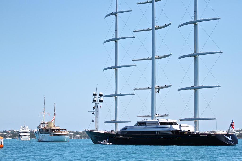 Superyachts anchored just outside the course boundary at the start of the Semi-Finals  - 35th America’s Cup - Bermuda  © Richard Gladwell www.photosport.co.nz