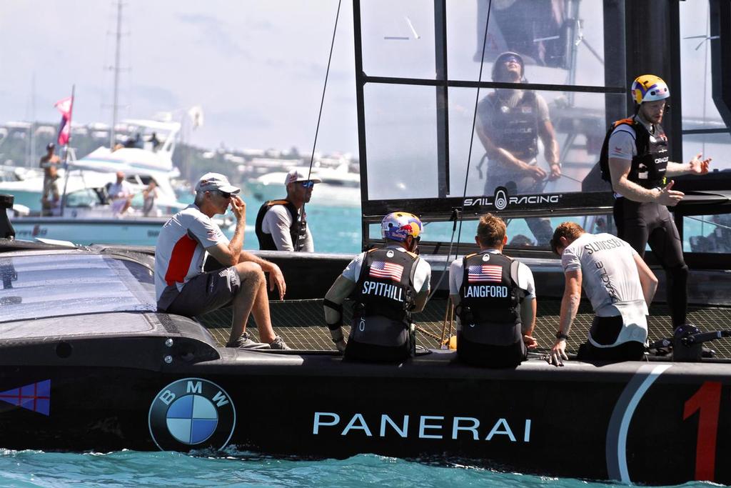 The Australian afterguard on Oracle Team USA on the tow home after  racing on Day  4 America's Cup Match - 35th America's Cup  - Bermuda  June 25, 2017 © Richard Gladwell www.photosport.co.nz