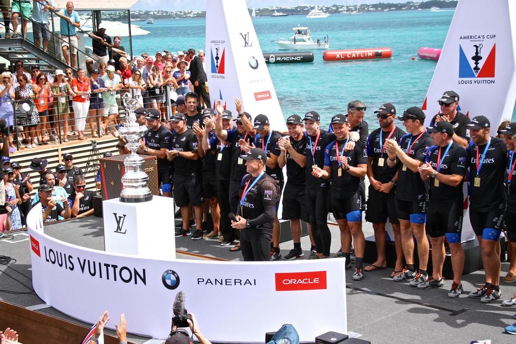 Skipper Glenn Ashby speaks as Emirates Team NZ wins the  America's Cup 2017, June 26, 2017 - Great Sound Bermuda © Richard Gladwell www.photosport.co.nz