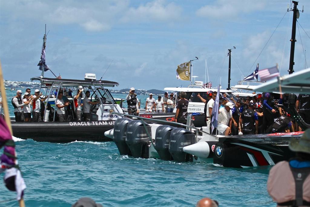 Oracle Team USA come alongside Emirates Team New Zealand  - Finish - Race 9 - Bermuda  June 26, 2017 photo copyright Richard Gladwell www.photosport.co.nz taken at  and featuring the  class