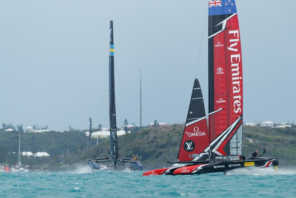 Emirates Team New Zealand sailing on Bermuda's Great Sound in the Louis Vuitton America's Cup Challenger Playoffs Finals<br />
Emirates Team New Zealand (NZL) vs. Artemis Racing (SWE) Race 6.  © Richard Hodder/Emirates Team New Zealand